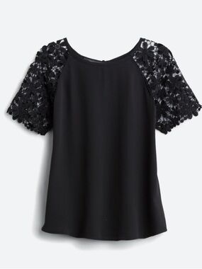 West Kei Black Blouse with Floral Crochet Sleeves